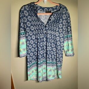 Reborn Dress Size S Women Blue Green Geometric Mandrin Collar Pintuck Pleats